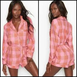 Victoria’s Secret Flannel Tie Romper Cherry Plaid Gold Trim Y2K Loungewear S